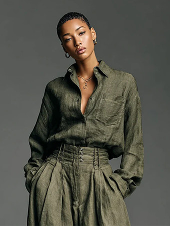 オリーブグリーンのツーピースセット（女性用） - ボタンダウンシャツとレトロなハイウエストワイドレッグパンツ - 春のオフィスカジュアル 2026