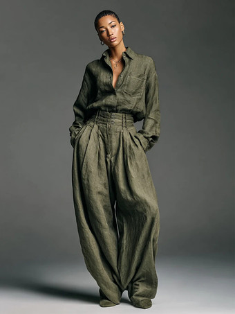 ハンターグリーン オリーブグリーンのツーピースセット（女性用） - ボタンダウンシャツとレトロなハイウエストワイドレッグパンツ - 春のオフィスカジュアル 2026