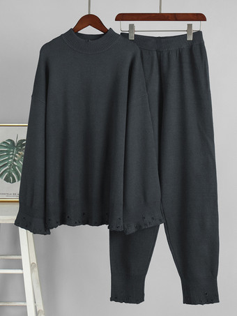 オーバーサイズニット2点セット（レディース） - カジュアルなダメージ加工セーターとパンツ - 春の快適なラウンジスーツ 2026