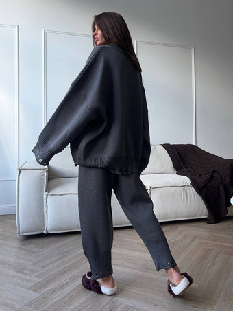 オーバーサイズニット2点セット（レディース） - カジュアルなダメージ加工セーターとパンツ - 春の快適なラウンジスーツ 2026