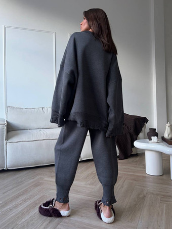 オーバーサイズニット2点セット（レディース） - カジュアルなダメージ加工セーターとパンツ - 春の快適なラウンジスーツ 2026