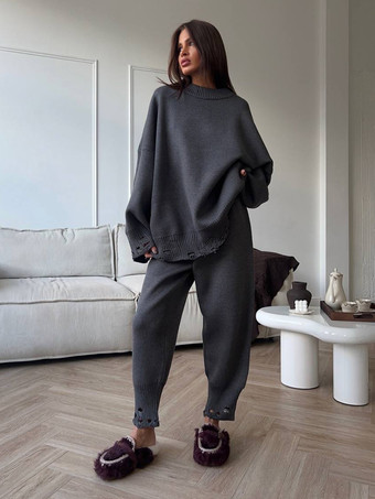 オーバーサイズニット2点セット（レディース） - カジュアルなダメージ加工セーターとパンツ - 春の快適なラウンジスーツ 2026