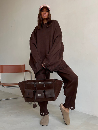 オーバーサイズニット2点セット（レディース） - カジュアルなダメージ加工セーターとパンツ - 春の快適なラウンジスーツ 2026