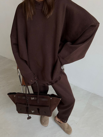 オーバーサイズニット2点セット（レディース） - カジュアルなダメージ加工セーターとパンツ - 春の快適なラウンジスーツ 2026