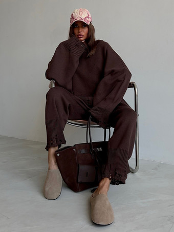 オーバーサイズニット2点セット（レディース） - カジュアルなダメージ加工セーターとパンツ - 春の快適なラウンジスーツ 2026