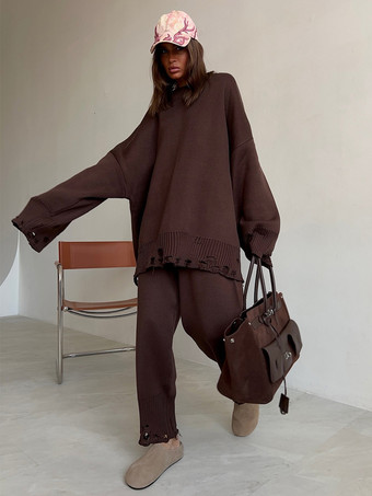 オーバーサイズニット2点セット（レディース） - カジュアルなダメージ加工セーターとパンツ - 春の快適なラウンジスーツ 2026