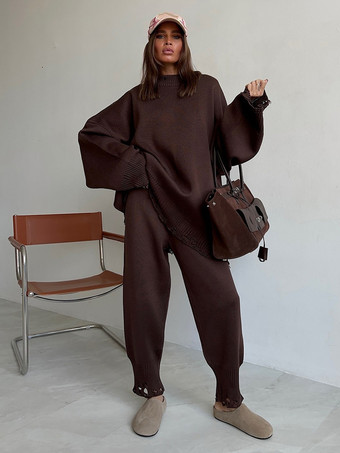 オーバーサイズニット2点セット（レディース） - カジュアルなダメージ加工セーターとパンツ - 春の快適なラウンジスーツ 2026