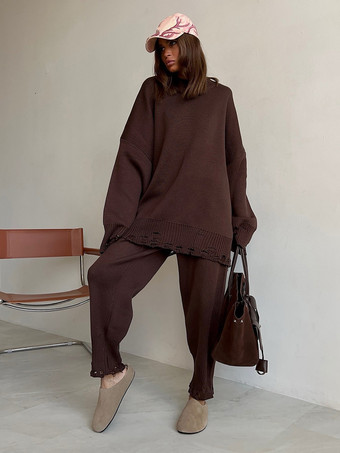 ブラウン オーバーサイズニット2点セット（レディース） - カジュアルなダメージ加工セーターとパンツ - 春の快適なラウンジスーツ 2026