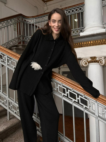 ブラック オーバーサイズニットラウンジウェア2点セット（レディース） - カジュアルカーディガンとワイドレッグパンツ - 春の快適なストリートウェア2026