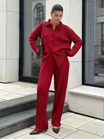 レッド オーバーサイズニットラウンジウェア2点セット（レディース） - カジュアルカーディガンとワイドレッグパンツ - 春の快適なストリートウェア2026