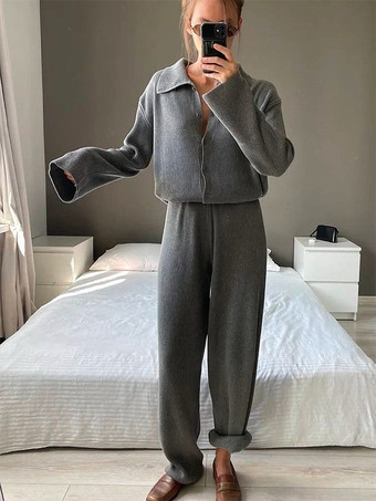 オーバーサイズニットラウンジウェア2点セット（レディース） - カジュアルカーディガンとワイドレッグパンツ - 春の快適なストリートウェア2026