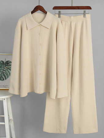 オーバーサイズニットラウンジウェア2点セット（レディース） - カジュアルカーディガンとワイドレッグパンツ - 春の快適なストリートウェア2026