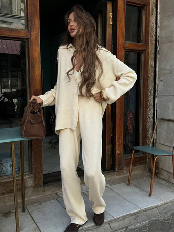 オーバーサイズニットラウンジウェア2点セット（レディース） - カジュアルカーディガンとワイドレッグパンツ - 春の快適なストリートウェア2026