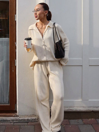 オーバーサイズニットラウンジウェア2点セット（レディース） - カジュアルカーディガンとワイドレッグパンツ - 春の快適なストリートウェア2026