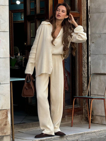 オーバーサイズニットラウンジウェア2点セット（レディース） - カジュアルカーディガンとワイドレッグパンツ - 春の快適なストリートウェア2026