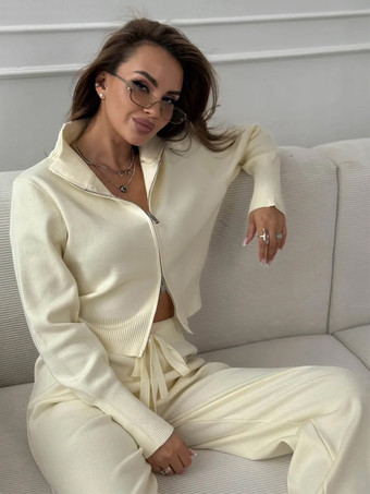 レディース用ツーウェイジップニットラウンジセット - シックなモックネックカーディガンとワイドレッグパンツ - 2026年春のカジュアルストリートウェア