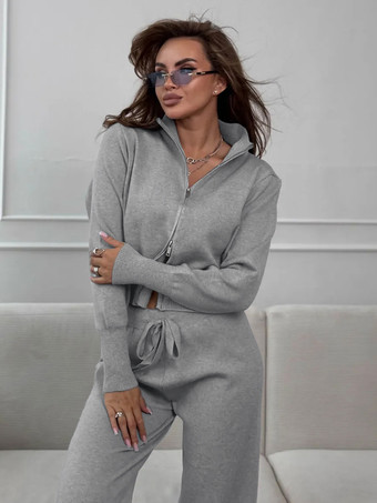 レディース用ツーウェイジップニットラウンジセット - シックなモックネックカーディガンとワイドレッグパンツ - 2026年春のカジュアルストリートウェア