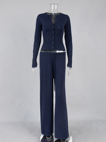 リブ編みニットのツーピースセット（レディース） - スリムフィットのボタンアップカーディガンとワイドレッグのラウンジパンツ - 春のホームカジュアル 2026