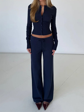 ダークネイビーリブ編みニットのツーピースセット（レディース） - スリムフィットのボタンアップカーディガンとワイドレッグのラウンジパンツ - 春のホームカジュアル 2026