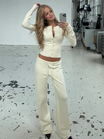 リブ編みニットのツーピースセット（レディース） - スリムフィットのボタンアップカーディガンとワイドレッグのラウンジパンツ - 春のホームカジュアル 2026