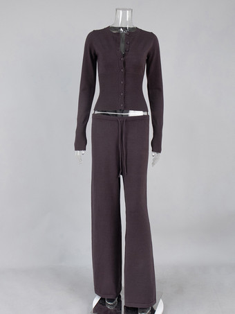 リブ編みニットのツーピースセット（レディース） - スリムフィットのボタンアップカーディガンとワイドレッグのラウンジパンツ - 春のホームカジュアル 2026