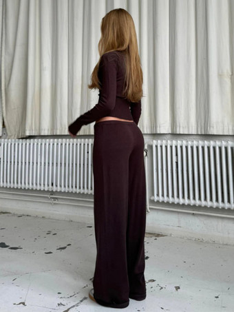 リブ編みニットのツーピースセット（レディース） - スリムフィットのボタンアップカーディガンとワイドレッグのラウンジパンツ - 春のホームカジュアル 2026