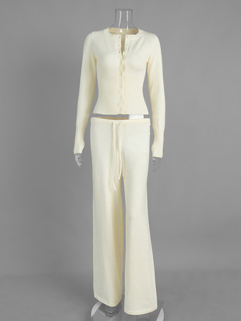 リブ編みニットのツーピースセット（レディース） - スリムフィットのボタンアップカーディガンとワイドレッグのラウンジパンツ - 春のホームカジュアル 2026