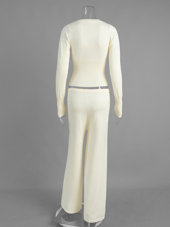 リブ編みニットのツーピースセット（レディース） - スリムフィットのボタンアップカーディガンとワイドレッグのラウンジパンツ - 春のホームカジュアル 2026