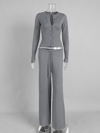 リブ編みニットのツーピースセット（レディース） - スリムフィットのボタンアップカーディガンとワイドレッグのラウンジパンツ - 春のホームカジュアル 2026