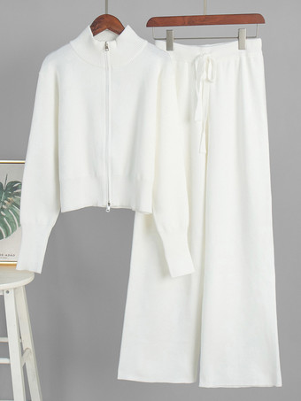 アイボリーレディース用ツーウェイジップニットラウンジセット - シックなモックネックカーディガンとワイドレッグパンツ - 2026年春のカジュアルストリートウェア