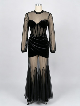 ベルベットコルセットマキシドレス（レディース） - ブラックシースルーメッシュ長袖ボディコンマーメイドガウン - 2026年春のフォーマルパーティー