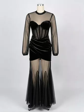 Velvet Corset Maxi Dress For Women - Black Sheer Mesh Long Sleeve Bodycon Mermaid Gown - Spring Formal Party 2026