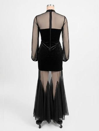 ベルベットコルセットマキシドレス（レディース） - ブラックシースルーメッシュ長袖ボディコンマーメイドガウン - 2026年春のフォーマルパーティー
