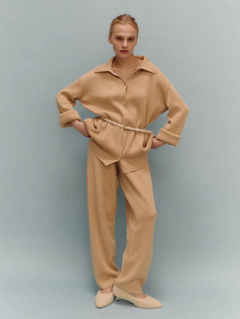 カーキ オーバーサイズニットラウンジウェア2点セット（レディース） - カジュアルカーディガンとワイドレッグパンツ - 春の快適なストリートウェア2026