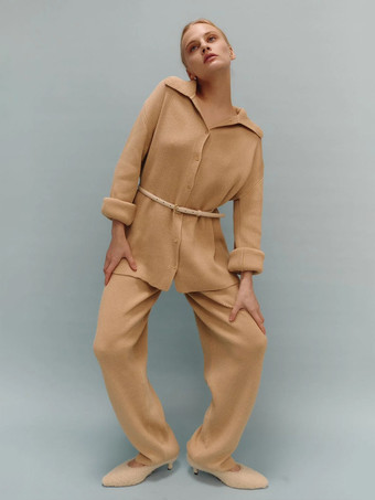 オーバーサイズニットラウンジウェア2点セット（レディース） - カジュアルカーディガンとワイドレッグパンツ - 春の快適なストリートウェア2026