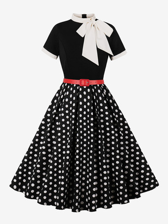 ヴィンテージ 1950年代 オードリー・ヘプバーン ミディドレス レディース - ボウタイネック プリント Aライン スイングドレス - スプリングティーパーティー 2026