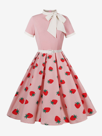 ご参考ください ヴィンテージ 1950年代 オードリー・ヘプバーン ミディドレス レディース - ボウタイネック プリント Aライン スイングドレス - スプリングティーパーティー 2026