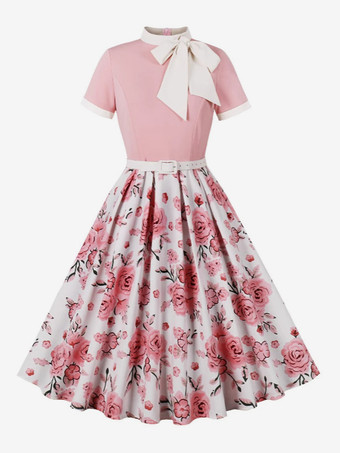 ピンク ヴィンテージ 1950年代 オードリー・ヘプバーン ミディドレス レディース - ボウタイネック プリント Aライン スイングドレス - スプリングティーパーティー 2026