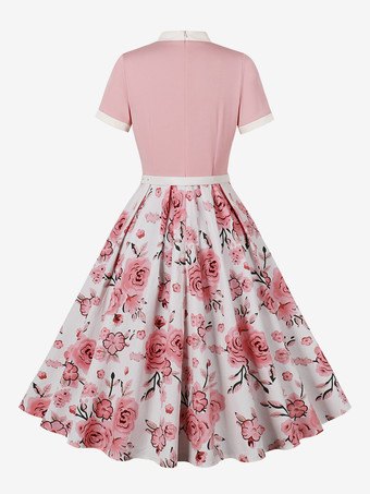 ヴィンテージ 1950年代 オードリー・ヘプバーン ミディドレス レディース - ボウタイネック プリント Aライン スイングドレス - スプリングティーパーティー 2026