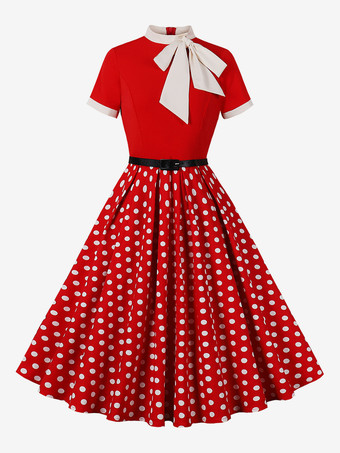 レッド ヴィンテージ 1950年代 オードリー・ヘプバーン ミディドレス レディース - ボウタイネック プリント Aライン スイングドレス - スプリングティーパーティー 2026