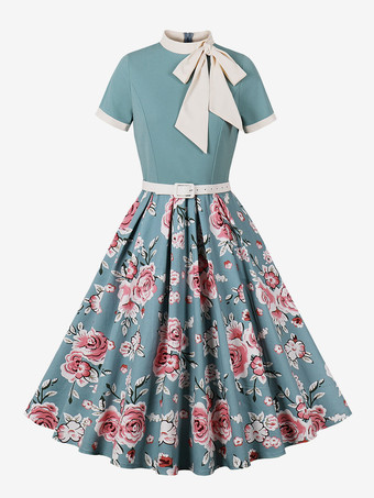 グリーン ヴィンテージ 1950年代 オードリー・ヘプバーン ミディドレス レディース - ボウタイネック プリント Aライン スイングドレス - スプリングティーパーティー 2026