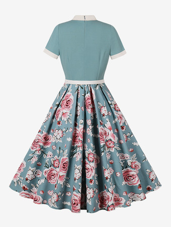 ヴィンテージ 1950年代 オードリー・ヘプバーン ミディドレス レディース - ボウタイネック プリント Aライン スイングドレス - スプリングティーパーティー 2026