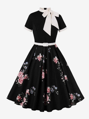 ブラック ヴィンテージ 1950年代 オードリー・ヘプバーン ミディドレス レディース - ボウタイネック プリント Aライン スイングドレス - スプリングティーパーティー 2026