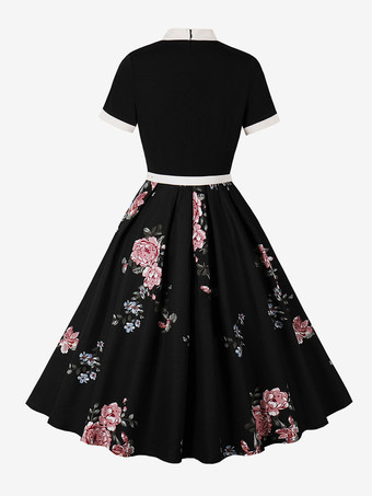 ヴィンテージ 1950年代 オードリー・ヘプバーン ミディドレス レディース - ボウタイネック プリント Aライン スイングドレス - スプリングティーパーティー 2026