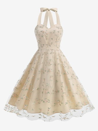 アプリコットヴィンテージ1950年代フローラルミディドレス（女性用） - ホルターネックメッシュ刺繍Aラインサマードレス - 春のガーデンウェディングゲスト向け 2026