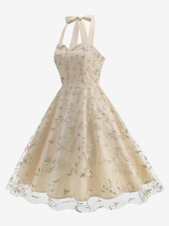 ヴィンテージ1950年代フローラルミディドレス（女性用） - ホルターネックメッシュ刺繍Aラインサマードレス - 春のガーデンウェディングゲスト向け 2026