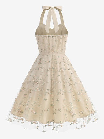 ヴィンテージ1950年代フローラルミディドレス（女性用） - ホルターネックメッシュ刺繍Aラインサマードレス - 春のガーデンウェディングゲスト向け 2026