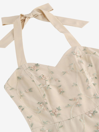 ヴィンテージ1950年代フローラルミディドレス（女性用） - ホルターネックメッシュ刺繍Aラインサマードレス - 春のガーデンウェディングゲスト向け 2026