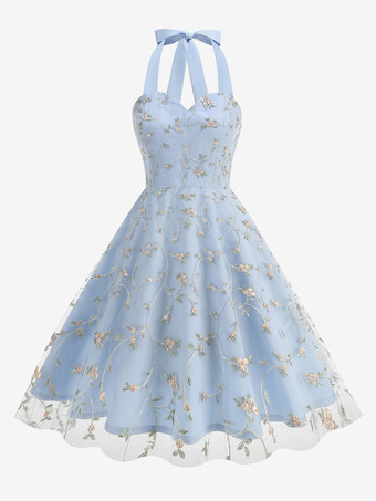 ベビーブルーヴィンテージ1950年代フローラルミディドレス（女性用） - ホルターネックメッシュ刺繍Aラインサマードレス - 春のガーデンウェディングゲスト向け 2026