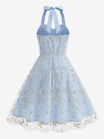 ヴィンテージ1950年代フローラルミディドレス（女性用） - ホルターネックメッシュ刺繍Aラインサマードレス - 春のガーデンウェディングゲスト向け 2026